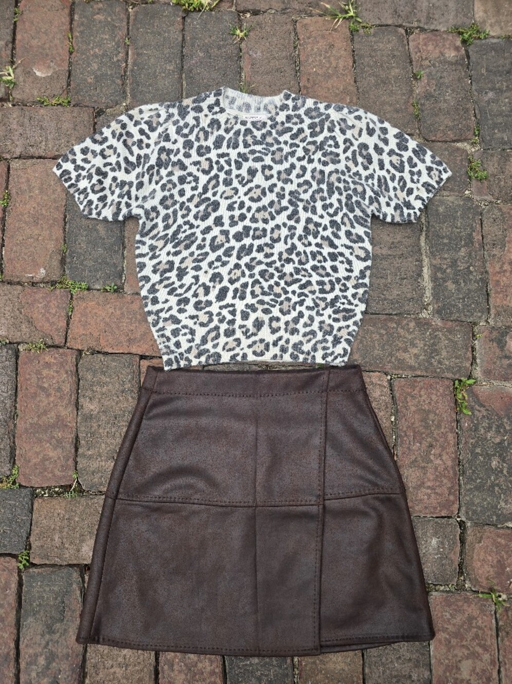 Max Studio Brown Faux Suede Mini Skirt And Sincerely Jules Cheetah Print Sweater